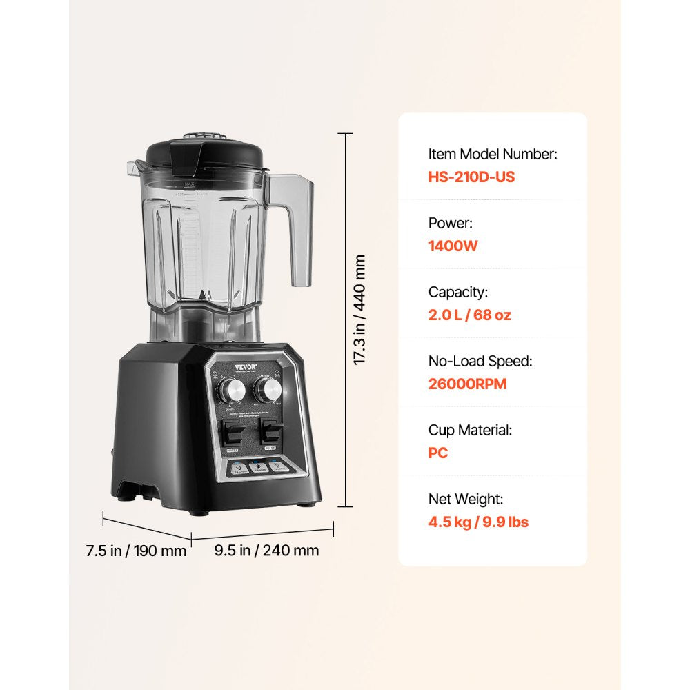 HS-210D-US - 68 oz High-Speed Blender with 1400W Motor for Smoothies