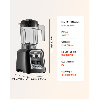HS-210D-US - 68 oz High-Speed Blender with 1400W Motor for Smoothies
