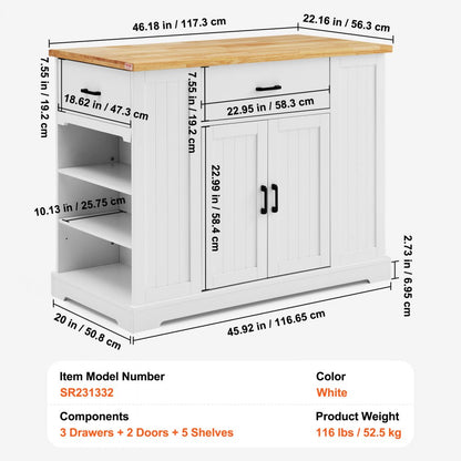 SR231332 - VEVOR 3-Drawer Kitchen Island Cart with Solid Rubberwood Top