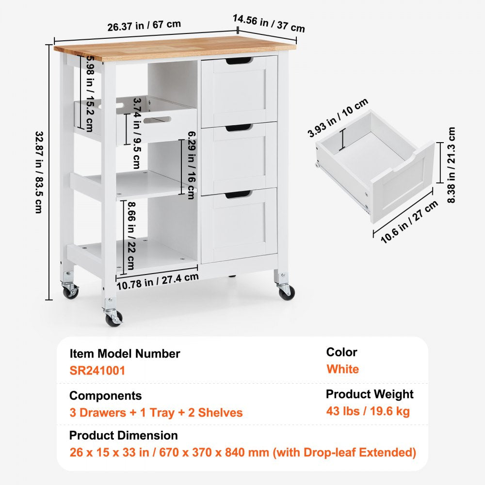 SR241001 - Versatile Kitchen Island Cart with 3 Drawers & Rolling Wheels