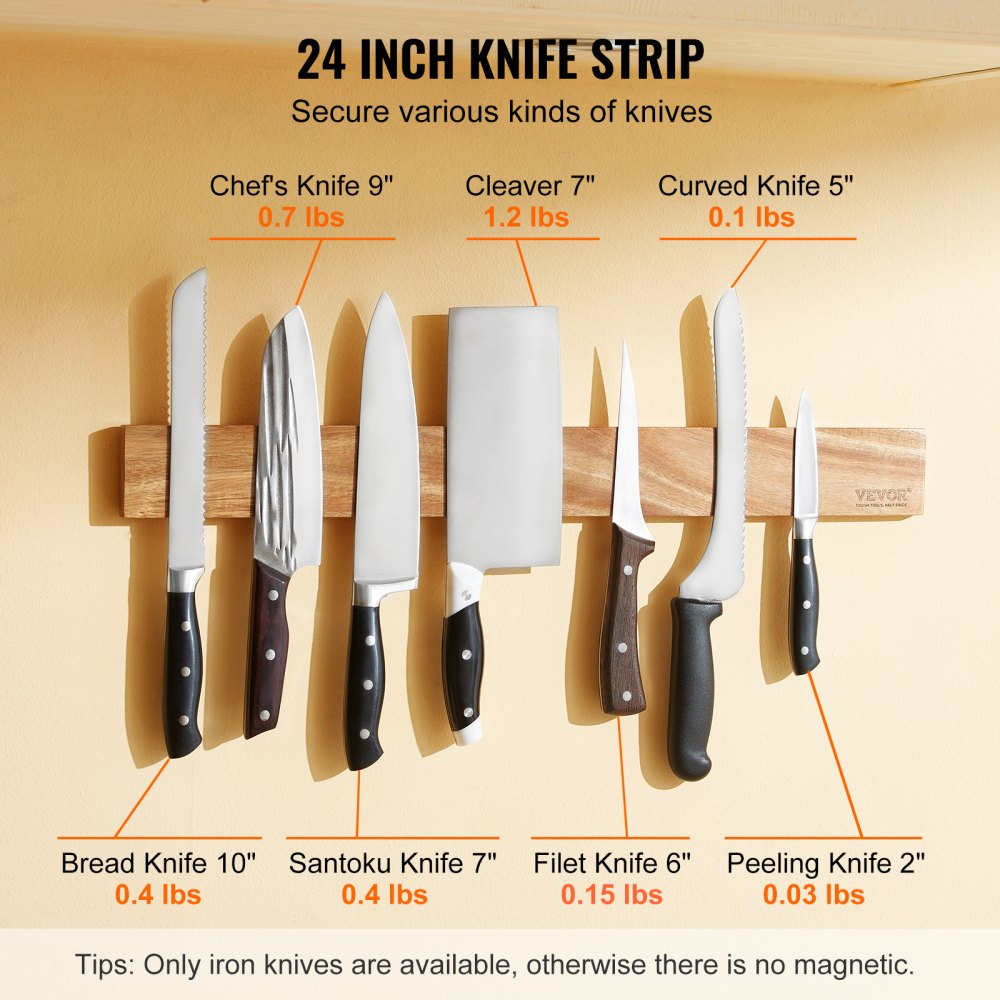 GM23003 - 24" Acacia Wood Magnetic Knife Strip for Kitchen Organization