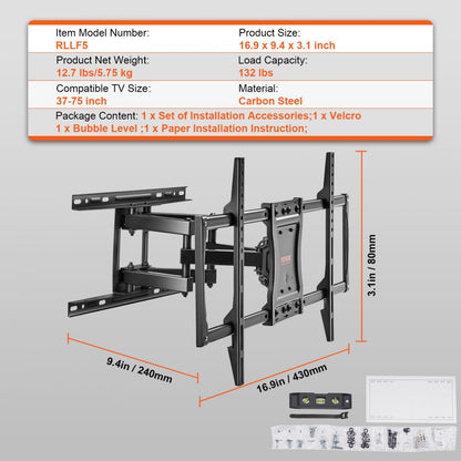 RLLF5 - Durable Full Motion TV Mount for 37-75 inch TVs, 132 lbs Capacity