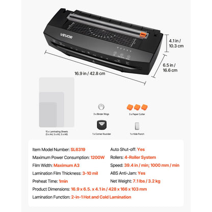 SL6319 - A3 VEVOR Laminator with Cold/Hot Modes, 12.6" Width