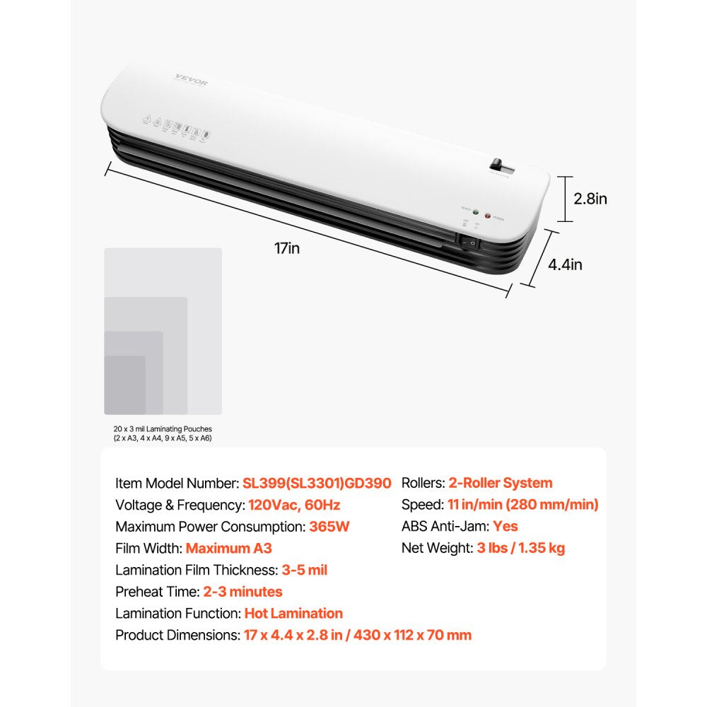 SL399 - A3 VEVOR Laminator Machine, Dual-Roller, 11”/min Speed