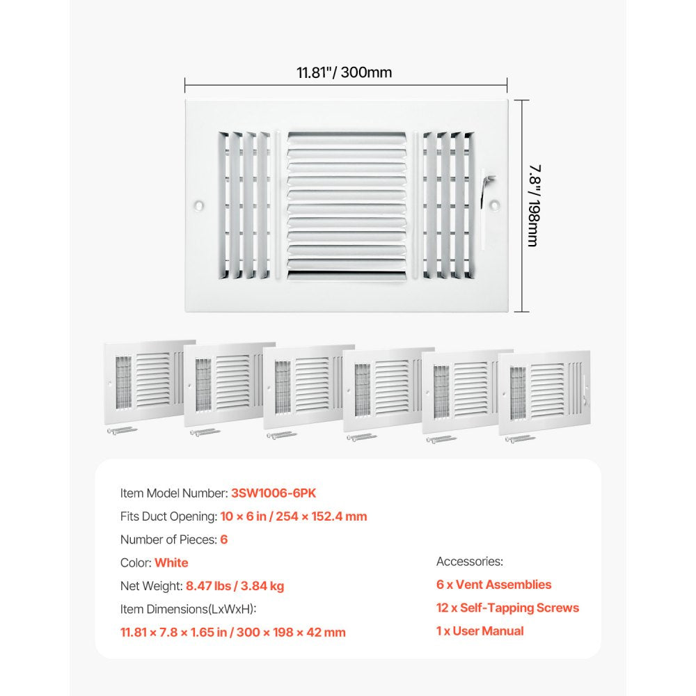 3SW1006-6PK - Stylish 6-Pack Metal Floor Vents, 6 x 10 Inch, Easy Install