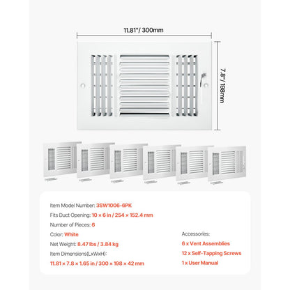 3SW1006-6PK - Stylish 6-Pack Metal Floor Vents, 6 x 10 Inch, Easy Install