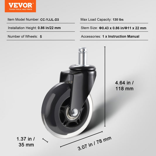 CC-YJJL-D3 - Smooth-Glide Caster Wheels for Office Chairs, 5 Heavy-Duty Design