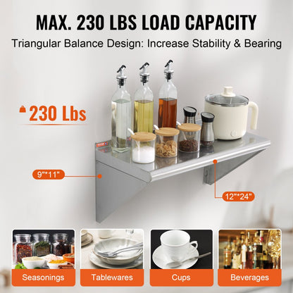 WMS1224 - Heavy-Duty 12" x 24" Stainless Steel Wall Shelf, Supports 230 lbs