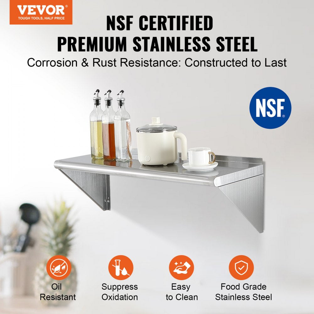 WMS1236 - 12" x 36" Durable Stainless Steel Wall Shelf with Brackets