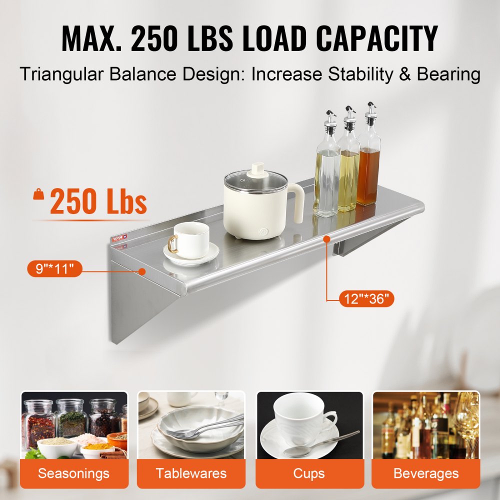 WMS1236 - 12" x 36" Durable Stainless Steel Wall Shelf with Brackets