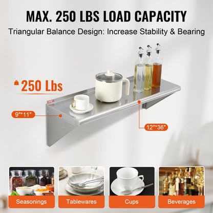 WMS1236 - 12" x 36" Durable Stainless Steel Wall Shelf with Brackets