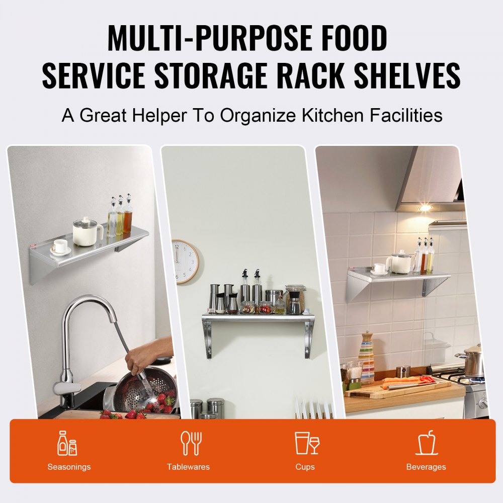 WMS1236 - 12" x 36" Durable Stainless Steel Wall Shelf with Brackets