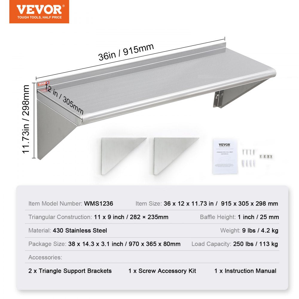 WMS1236 - 12" x 36" Durable Stainless Steel Wall Shelf with Brackets