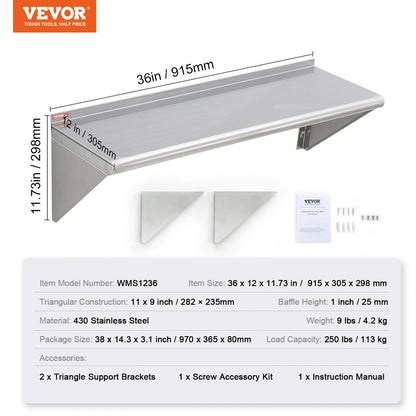 WMS1236 - 12" x 36" Durable Stainless Steel Wall Shelf with Brackets