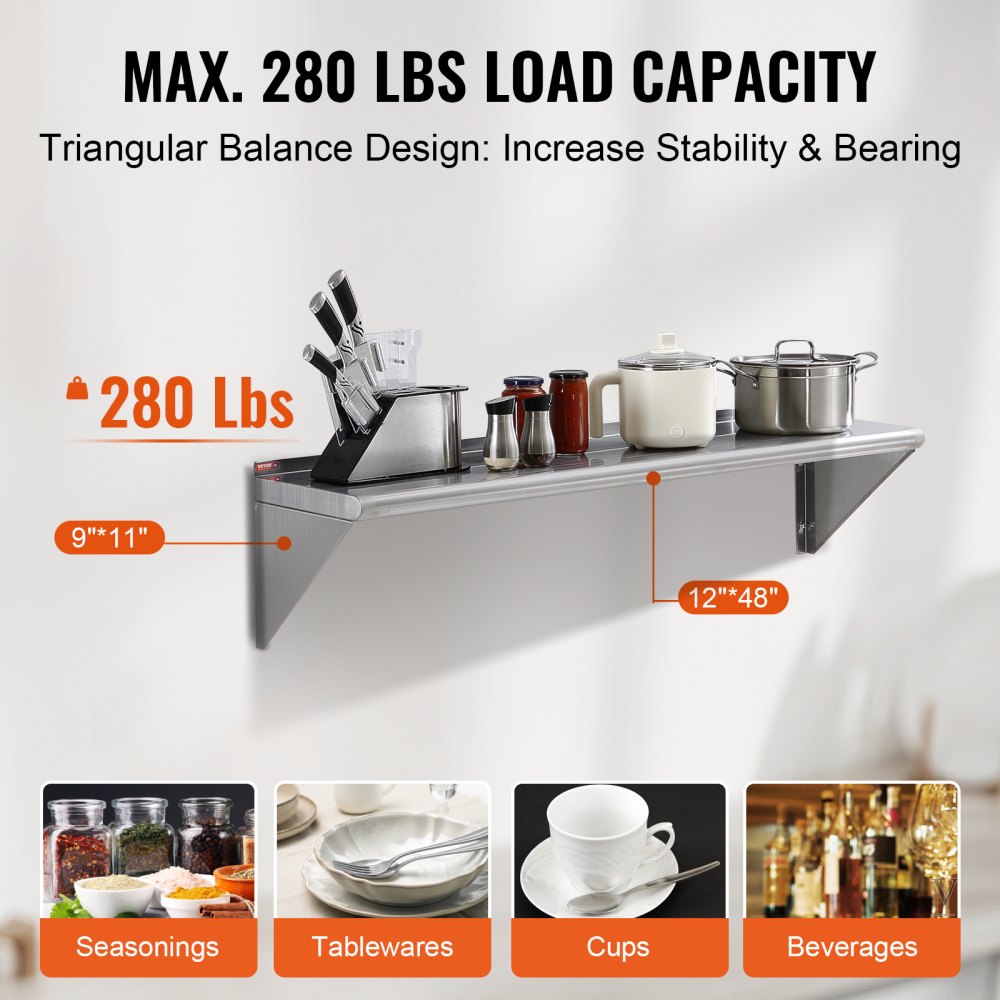 WMS1248 - Heavy-Duty 12" Stainless Steel Shelf, 280 lbs Capacity