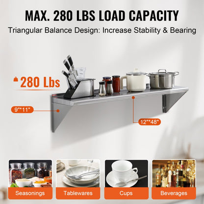 WMS1248 - Heavy-Duty 12" Stainless Steel Shelf, 280 lbs Capacity