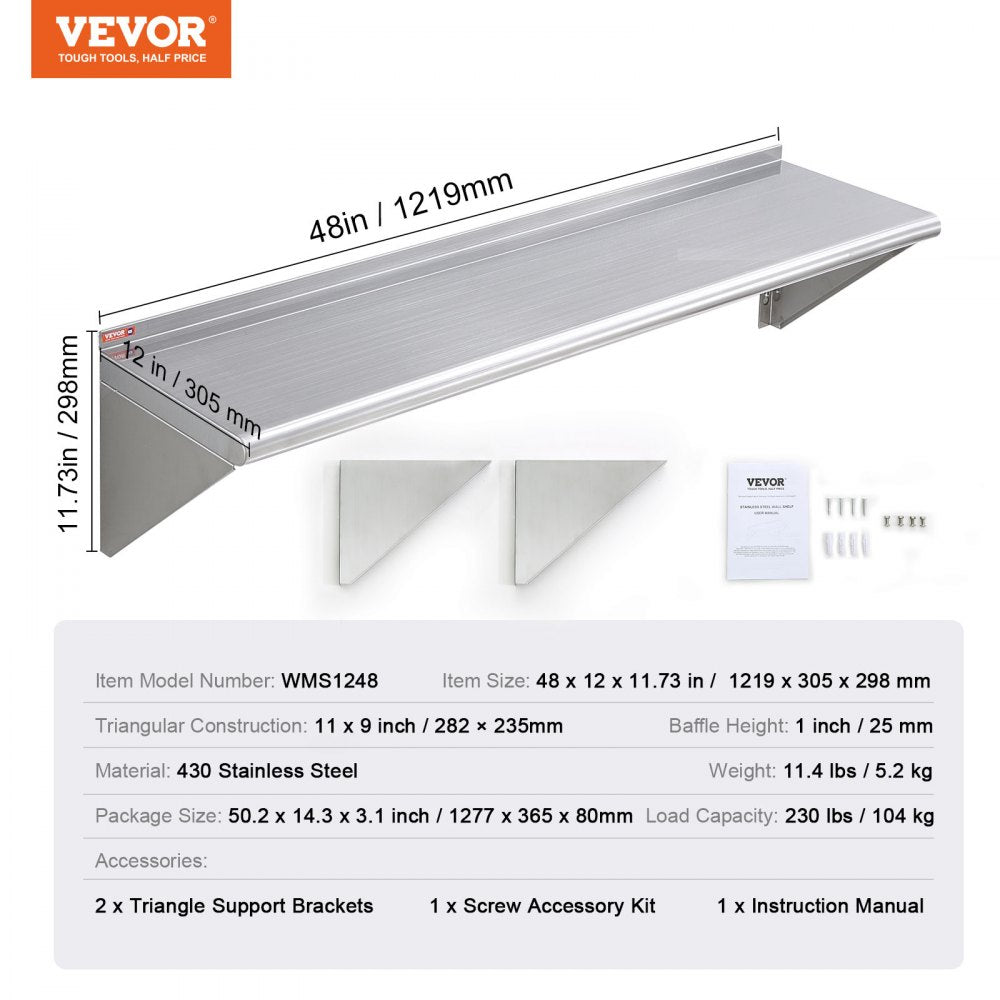 WMS1248 - Heavy-Duty 12" Stainless Steel Shelf, 280 lbs Capacity