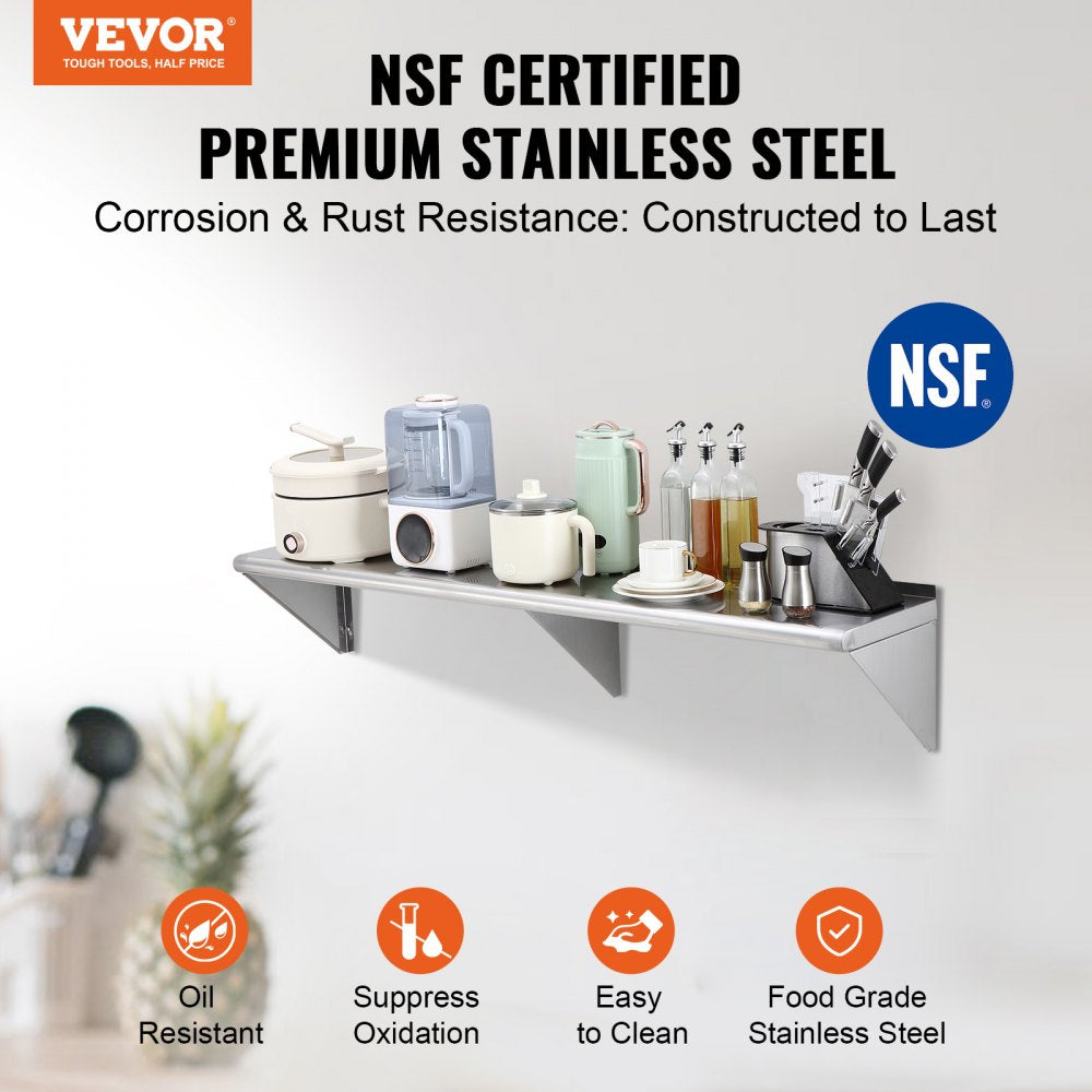 WMS1260 - 12" x 60" Heavy-Duty Stainless Steel Wall Shelf, 315 lbs Capacity