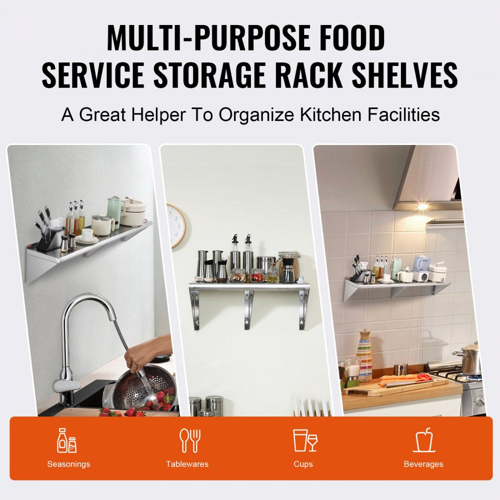 WMS1260 - 12" x 60" Heavy-Duty Stainless Steel Wall Shelf, 315 lbs Capacity