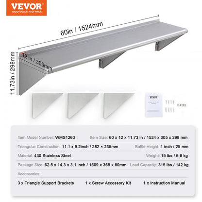 WMS1260 - 12" x 60" Heavy-Duty Stainless Steel Wall Shelf, 315 lbs Capacity
