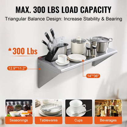 WMS1436 - 14" x 36" Heavy-Duty Stainless Steel Wall Shelf with Easy Brackets