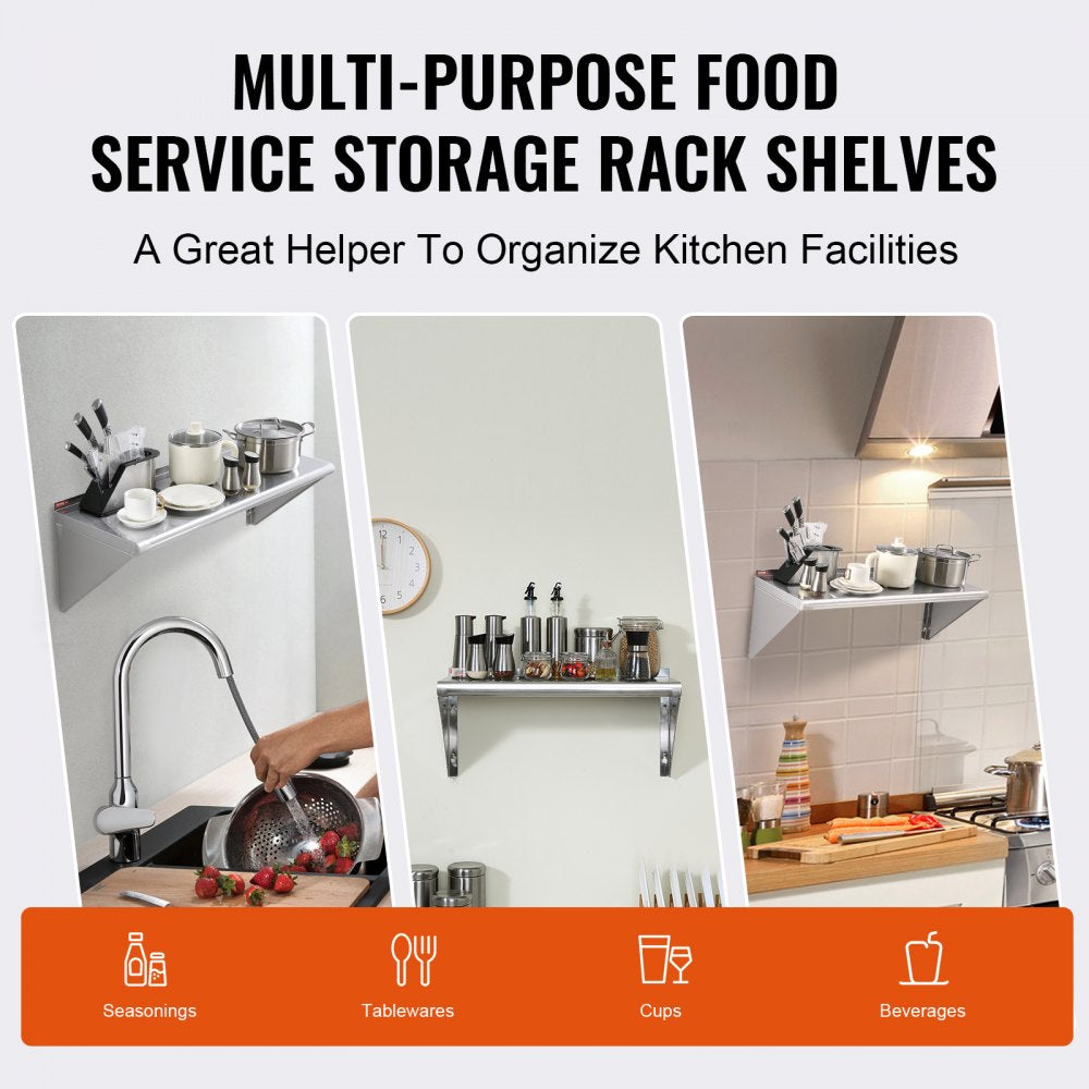 WMS1436 - 14" x 36" Heavy-Duty Stainless Steel Wall Shelf with Easy Brackets