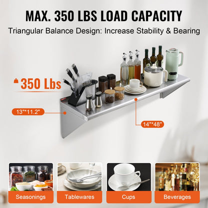 WMS1448 - 14" x 48" Durable Stainless Steel Wall Shelf, 350 lbs Capacity