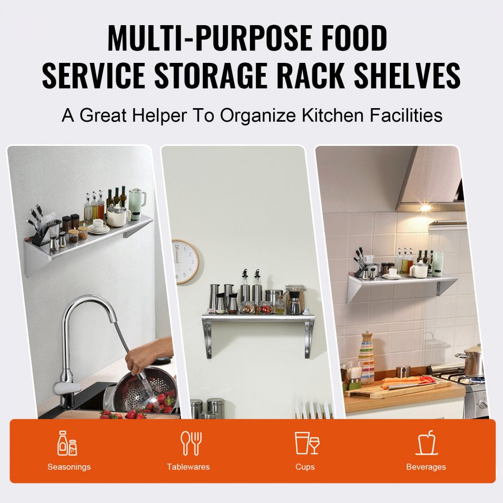 WMS1448 - 14" x 48" Durable Stainless Steel Wall Shelf, 350 lbs Capacity