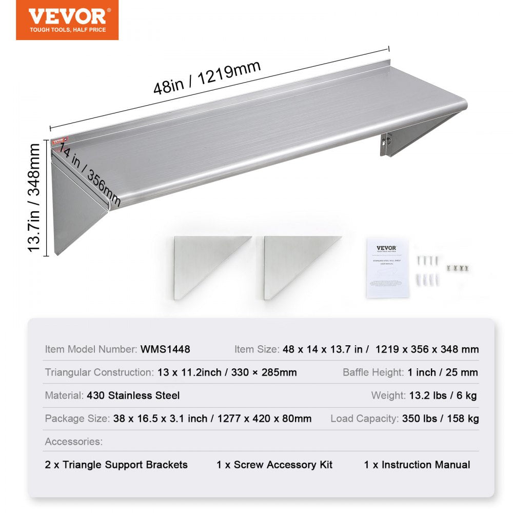 WMS1448 - 14" x 48" Durable Stainless Steel Wall Shelf, 350 lbs Capacity