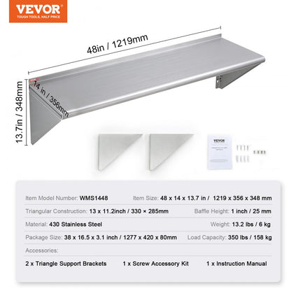 WMS1448 - 14" x 48" Durable Stainless Steel Wall Shelf, 350 lbs Capacity