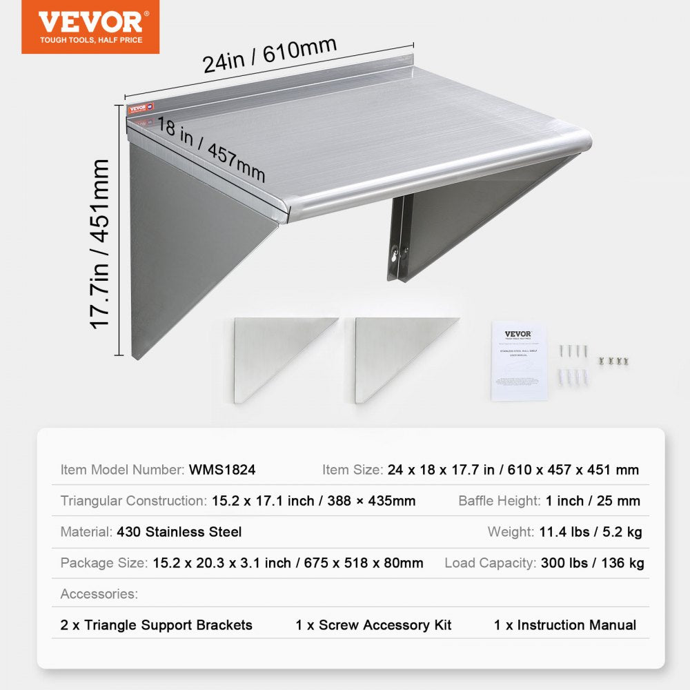 WMS1824 - 18"x24" Stainless Steel Wall Shelf, 300 lbs Capacity