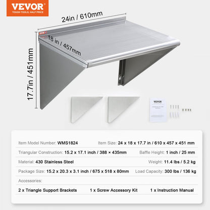 WMS1824 - 18"x24" Stainless Steel Wall Shelf, 300 lbs Capacity