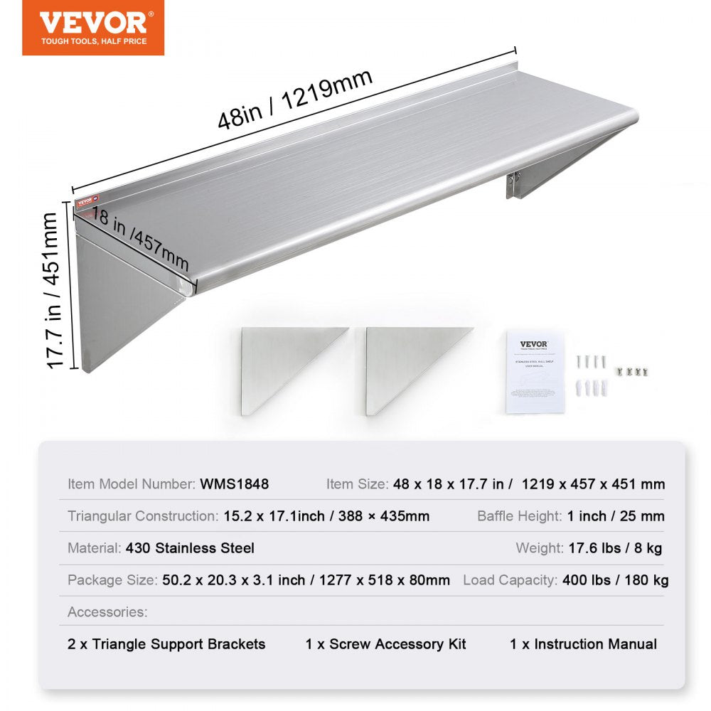 WMS1848 - 18" x 48" Wall-Mounted Stainless Steel Shelf, 400 lbs Capacity