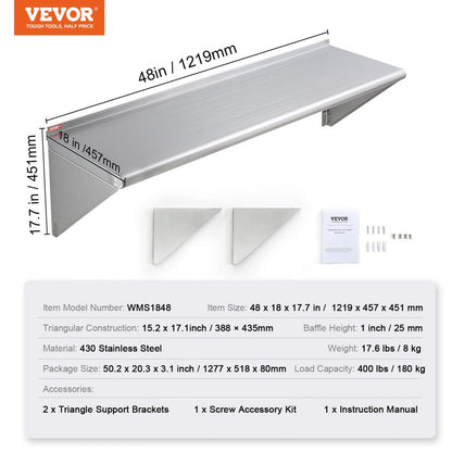 WMS1848 - 18" x 48" Wall-Mounted Stainless Steel Shelf, 400 lbs Capacity