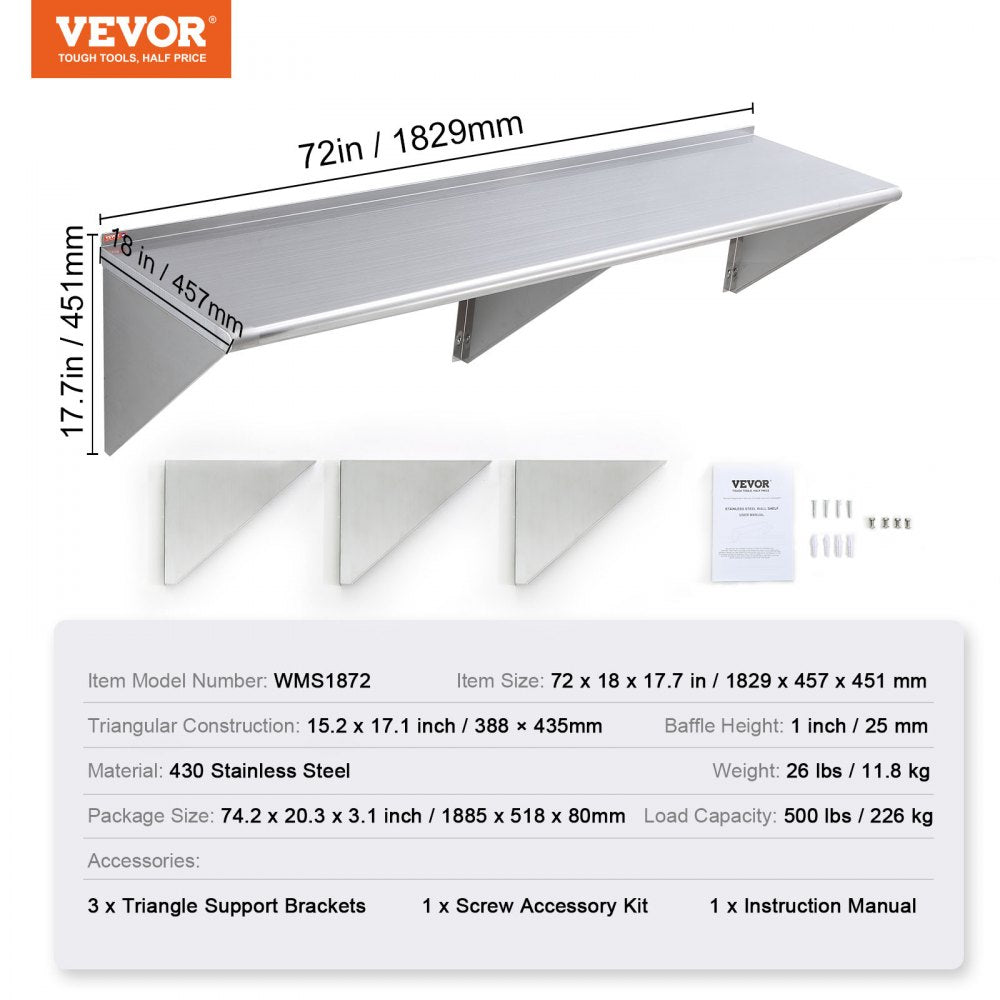 WMS1872 - Durable 18” Stainless Steel Wall Shelf, Holds 500 lbs