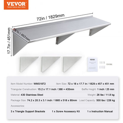 WMS1872 - Durable 18” Stainless Steel Wall Shelf, Holds 500 lbs