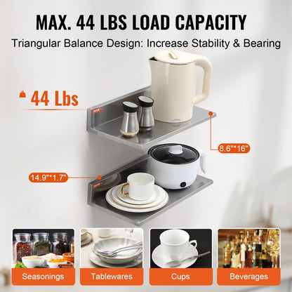 WMSL16 - Durable 8.6" x 16" Stainless Steel Wall Shelf for Kitchen & Home