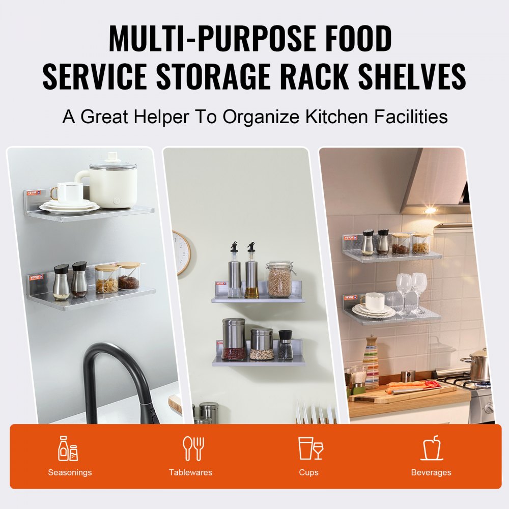 WMSL16 - Durable 8.6" x 16" Stainless Steel Wall Shelf for Kitchen & Home
