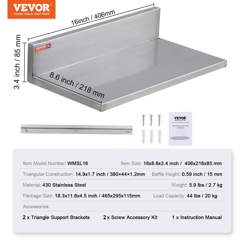 WMSL16 - Durable 8.6" x 16" Stainless Steel Wall Shelf for Kitchen & Home