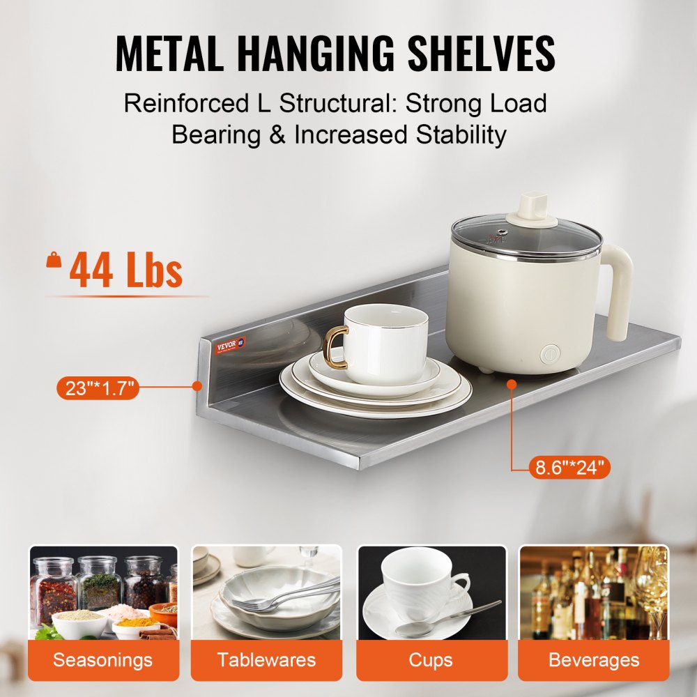WMSL24 - 8.6" x 24" Durable Stainless Steel Floating Kitchen Shelf