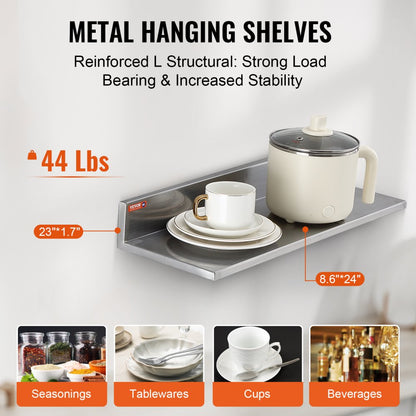 WMSL24 - 8.6" x 24" Durable Stainless Steel Floating Kitchen Shelf