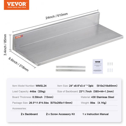 WMSL24 - 8.6" x 24" Durable Stainless Steel Floating Kitchen Shelf