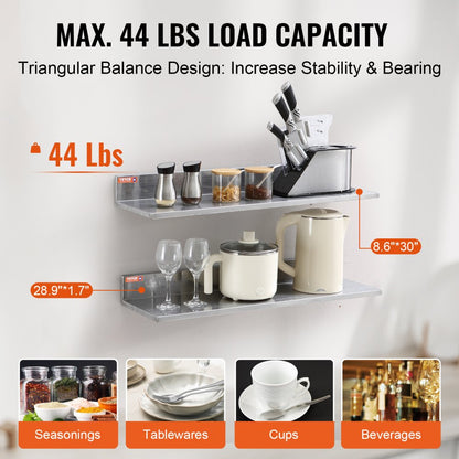WMSL30 - 44 lbs Stainless Steel Wall Shelf with Backsplash