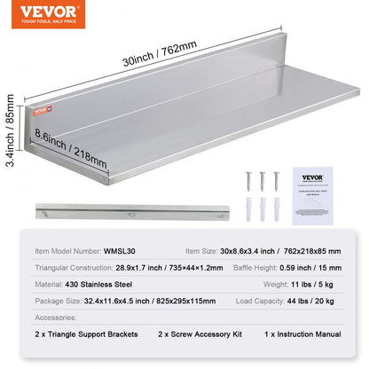 WMSL30 - 44 lbs Stainless Steel Wall Shelf with Backsplash