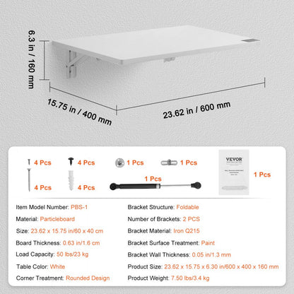 PBS-1 - Space-Saving 23.62" Wall Mounted Table for Home or Office