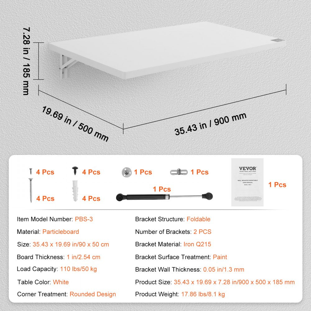 PBS-3 - Compact 35.43" Wall-Mounted Folding Table for Small Spaces
