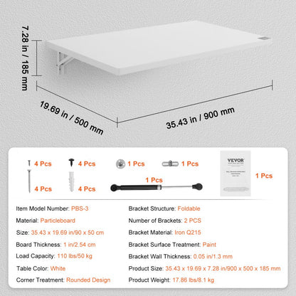 PBS-3 - Compact 35.43" Wall-Mounted Folding Table for Small Spaces