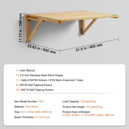 PS-1 - 31.5" Wall Mounted Folding Table - Space-Saving & Stylish Design