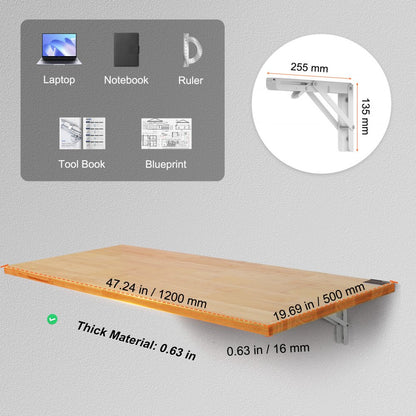 RBS-1 - 47.24" Rubberwood Wall-Mounted Table with Hydraulic Brackets