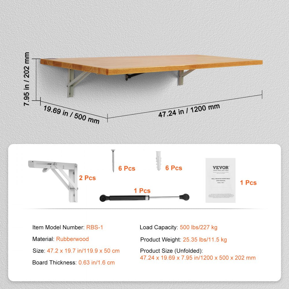 RBS-1 - 47.24" Rubberwood Wall-Mounted Table with Hydraulic Brackets